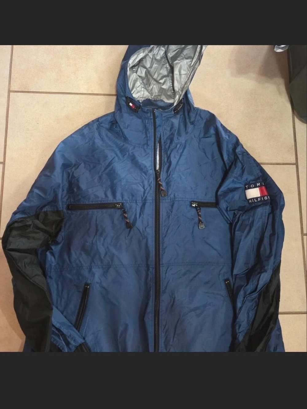 Tommy Hilfiger Blue and Black Hooded Windbreaker Jacket